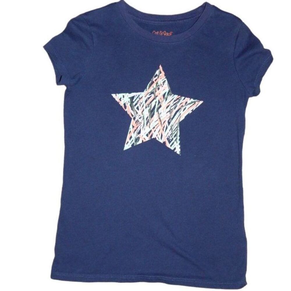 Cat & Jack Girls Small 6/6X Navy Blue Multicolor Star Graphic T‑Shirt